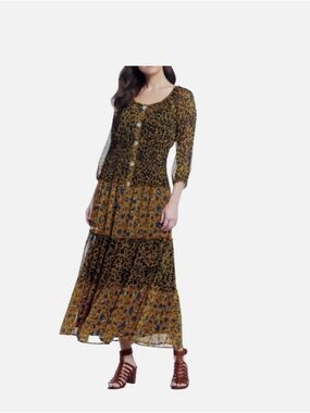 Anthropologie Mustard and Black Mixed Print Maxi Dress